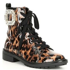 Alex Marie Tialana Leopard Print Patent Rhinestone Buckle Booties